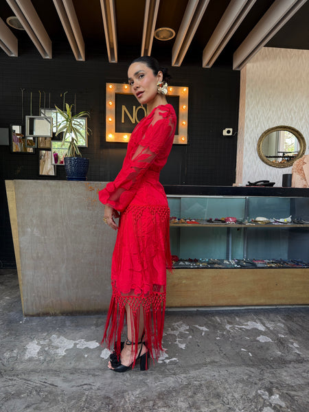 Vestido flecos rojo