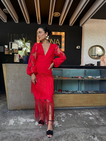 Vestido flecos rojo