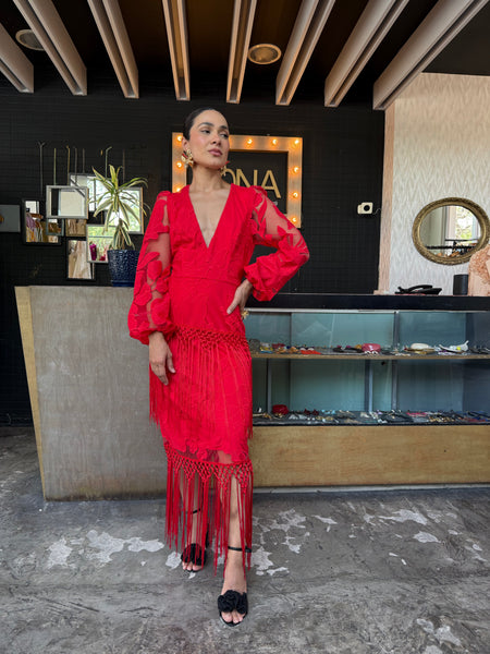 Vestido flecos rojo